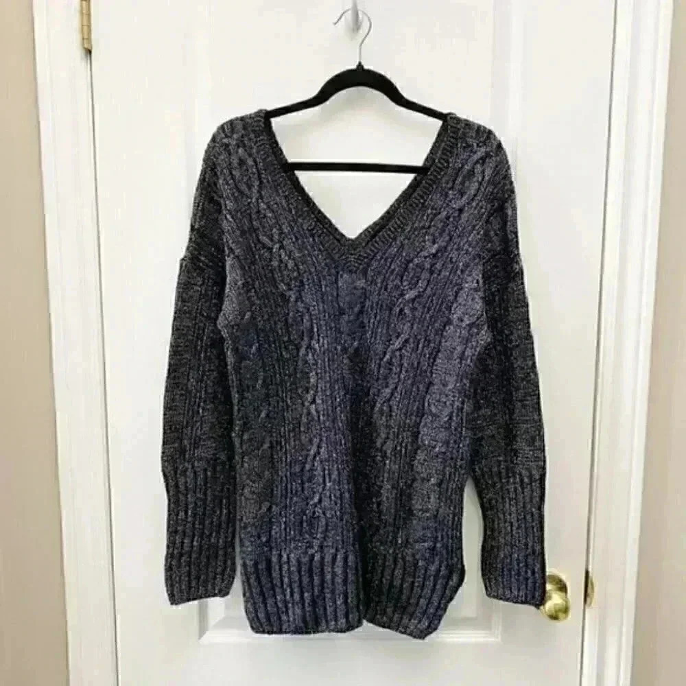 Topshop Oversized Sweater Cable Knit V Neck Tunic Black Silver Metallic Small 4 - Picture 3 of 15
